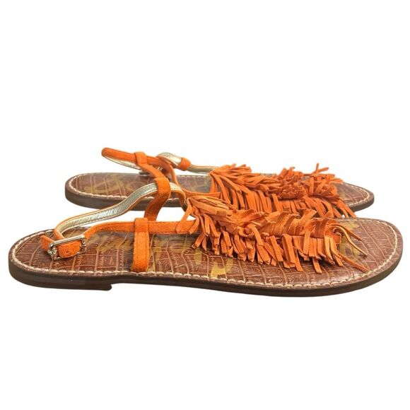 Sam Edelman Gela Sandals Womens 8.5M Orange Suede Fringe Flat T-Strap Shoes - Picture 3 of 8